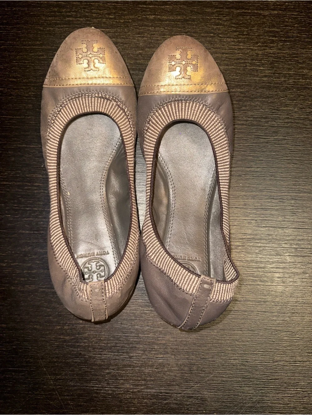 Tory Burch Bronze Metallic Cap-Toe Brown Ballet Flats